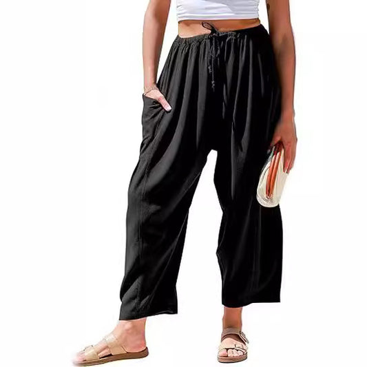 Stretched-waist pleated high-waisted wide-leg pants